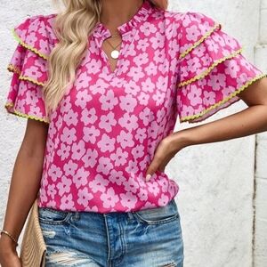 SHEIN Pink Floral Layered Sleeve Blouse